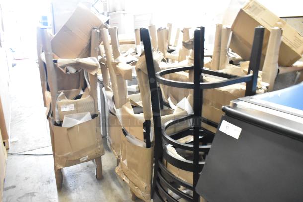 16 new Lancaster Table & Seating 164BLADBLKFR black bar height ladder back chairs, scratch and dent, in packaging.