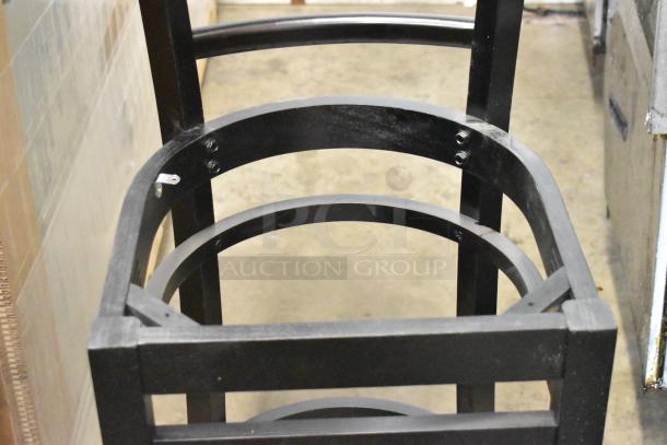 Black bar height chair frame, scratch and dent condition, ladder back design, Lancaster Table & Seating brand.