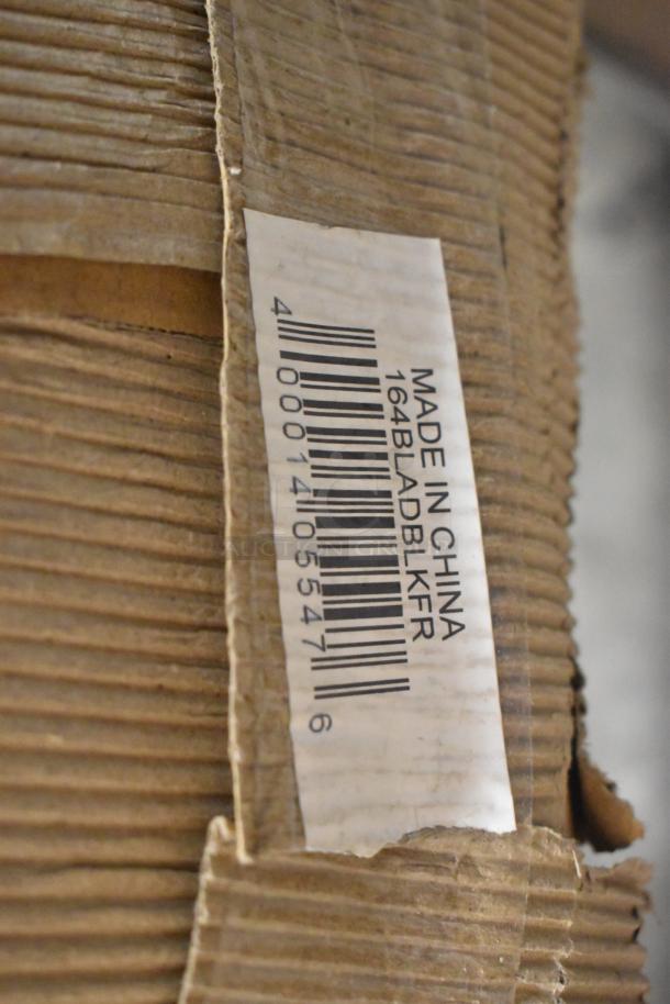 Barcode and label on packaging for Lancaster Table & Seating 164BLADBLKFR Black Bar Height Ladder Back Chair. Made in China.