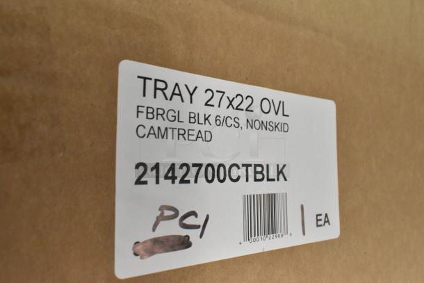 Cambro Camtread 22" x 27" black non-skid oval tray box label, new condition, 6/case. Model 2142700CTBLK, scratch and dent.