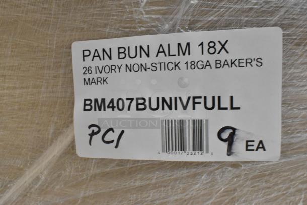 "PAN BUN ALM 18X" label showing "26 Ivory Non-Stick 18GA Baker's Mark" on box marked BM407BUNIVFULL, 9 items per case.
