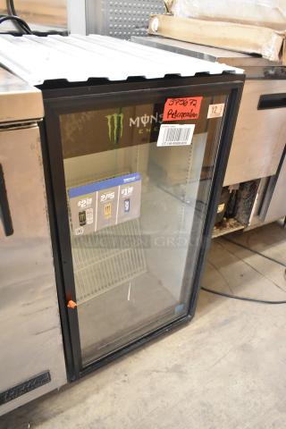 True GDM-06-LD mini cooler merchandiser, glass door, metal construction, 115 volts, features Monster Energy branding.
