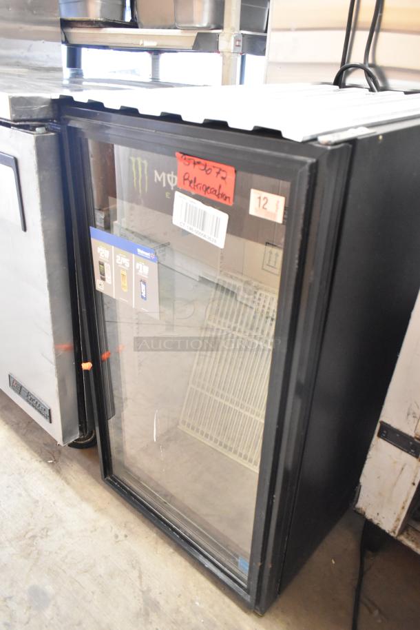 True GDM-06-LD metal mini cooler merchandiser, 115 volts, 1 phase, visible product labels, good condition.