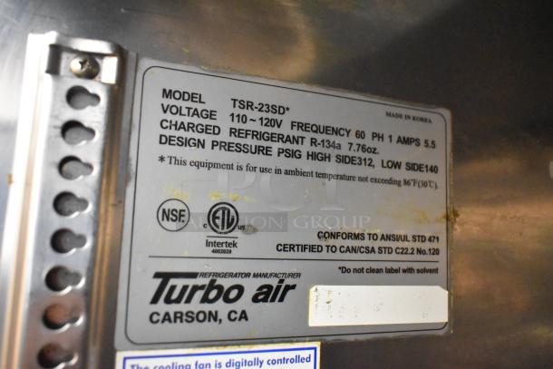 Turbo Air TSR-23SD stainless steel cooler label detailing model, voltage, refrigerant type, and certifications.