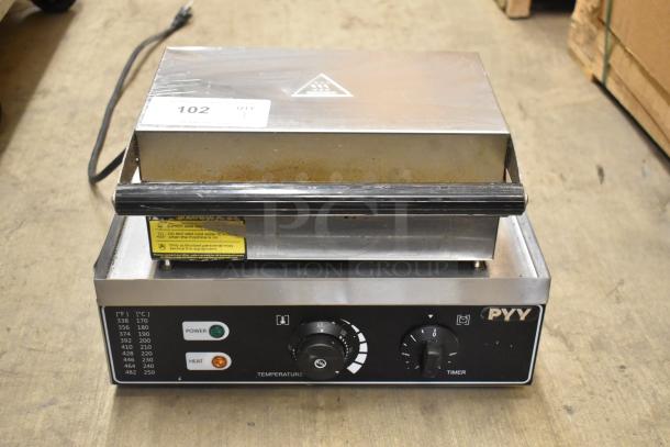 PYY PYYHFLFY-233SRUS stainless steel commercial waffle maker, 110-120 volts, 1 phase, with temperature and timer controls.