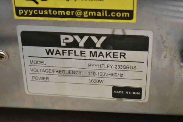 PYY PYYHFLFY-233SRUS stainless steel waffle maker label, showing model, 110-120V/60Hz, 1600W, made in China.