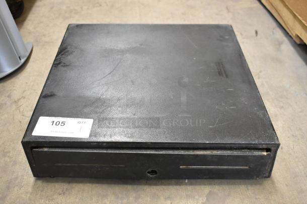 Evo EVO-CD18B black metal cash drawer, shows signs of wear, model number visible, with lot tag reading "105 QTY".
