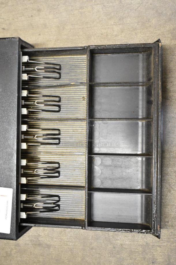 Evo EVO-CD18B black metal cash drawer, five adjustable bill slots, four coin compartments, visible wear on edges.