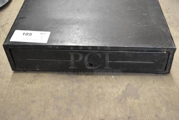 Evo EVO-CD18B black metal cash drawer, slightly worn, marked with "105" label. Secure front slot, durable construction.