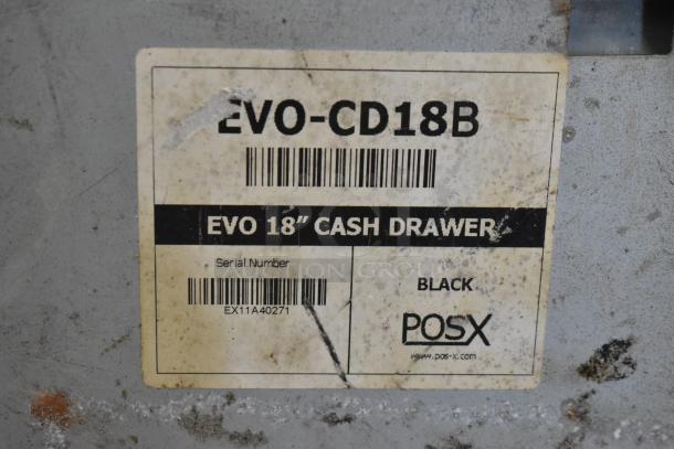 Evo EVO-CD18B black metal cash drawer with visible label detailing model, barcode, and serial number.