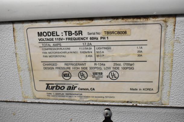 Turbo Air TB-5R label showing model, voltage, and amp details. Features R-134a refrigerant and NSF, UL certifications.