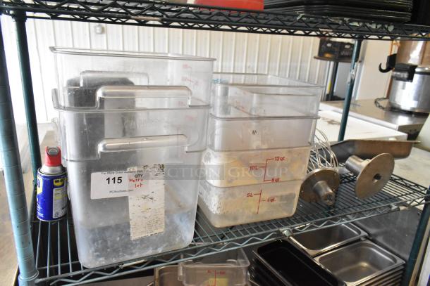 Metro lot with various items: clear poly bins with volume markings, stainless steel drop-in bins, and mixer attachments. Labels indicate "Metro Lot 115." Shelving not included.