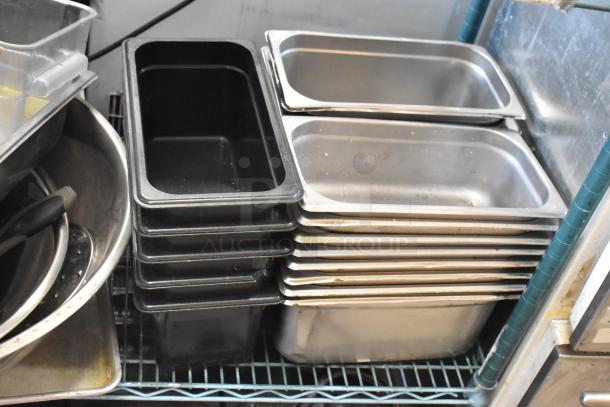 Metro lot of various storage bins, including poly and stainless steel drop-in bins, and mixer attachments. No shelving unit included.