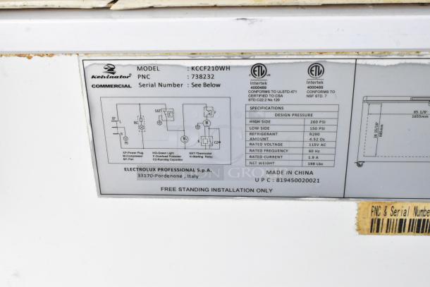 Kelvinator KCCF210WH chest freezer label showing model details, specs, and installation info.