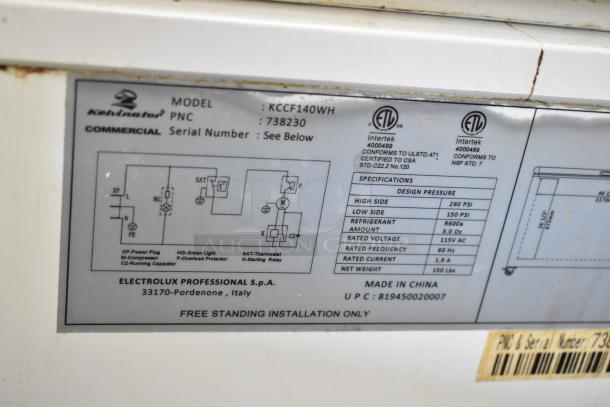 Kelvinator KCCF140WH chest freezer label showing model, specifications, and installation info. Metal, hinge lid, 115V, single phase.