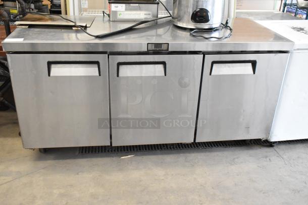 2017 Bison BUR-72 stainless steel 3-door undercounter cooler, commercial use, 115V, 1 phase; good condition.
