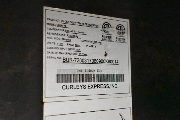 2017 Bison BUR-72 stainless steel 3-door undercounter cooler, 115V, 1 phase. Label shows refrigerant R290, temp 33-45°F.