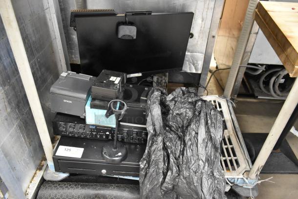 Lot of POS equipment including Epson receipt printers, metal cash drawer, Pyle PTA66BT amplifier, Lenovo monitor, and Netgear Ethernet.