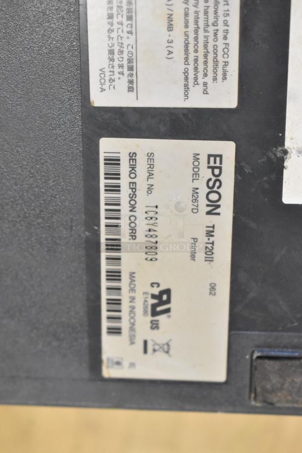 Epson TM-T20II printer label showing model M267D, made in Indonesia, with serial number TC6Y487809.