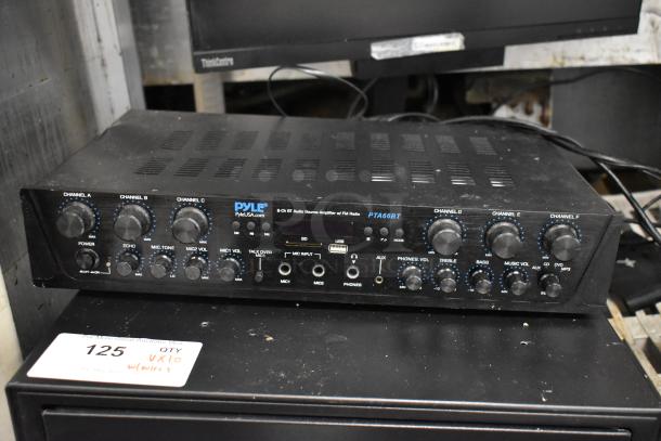 Lot of POS system items including a Pyle PTA66BT amplifier, Epson receipt printers, Netgear Ethernet, and Lenovo monitor.