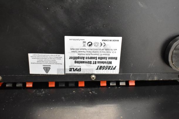 Pyle PTA66BT Amplifier, label showing certification marks and warnings, part of POS system auction lot.