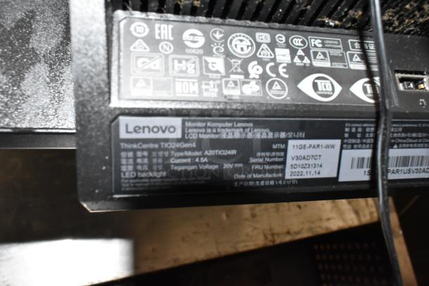 Lenovo ThinkCentre monitor label detailing model A20TIO24R, current of 4.5A, voltage 20V, manufactured on 2022-11-14.