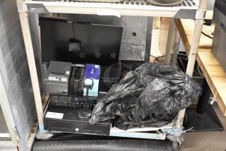 Lot of POS system with metal cash drawer, Epson receipt printers, Netgear gigabit Ethernet, Pyle PTA66BT amplifier, and Lenovo monitor.