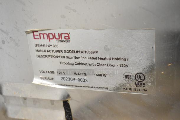 Empura E-HP1836 heated holding/proofing cabinet label, showing 120V, 1500W, serial 202309-0033, NSF, UL listed.