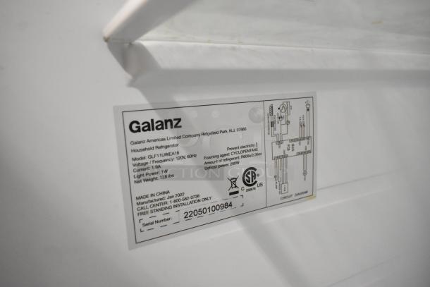 Galanz GLF11UWEA16 single door reach-in cooler label, showing model, voltage, and manufacturing details.