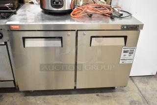 2024 Vevor KTR-48B1 2 Door Undercounter Cooler, stainless steel, commercial casters, 115V, 1 phase, Vevor logo visible.