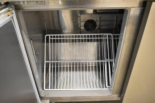2024 Vevor KTR-48B1 stainless steel undercounter cooler, two-door, 115V, 1 phase, commercial casters, interior view.