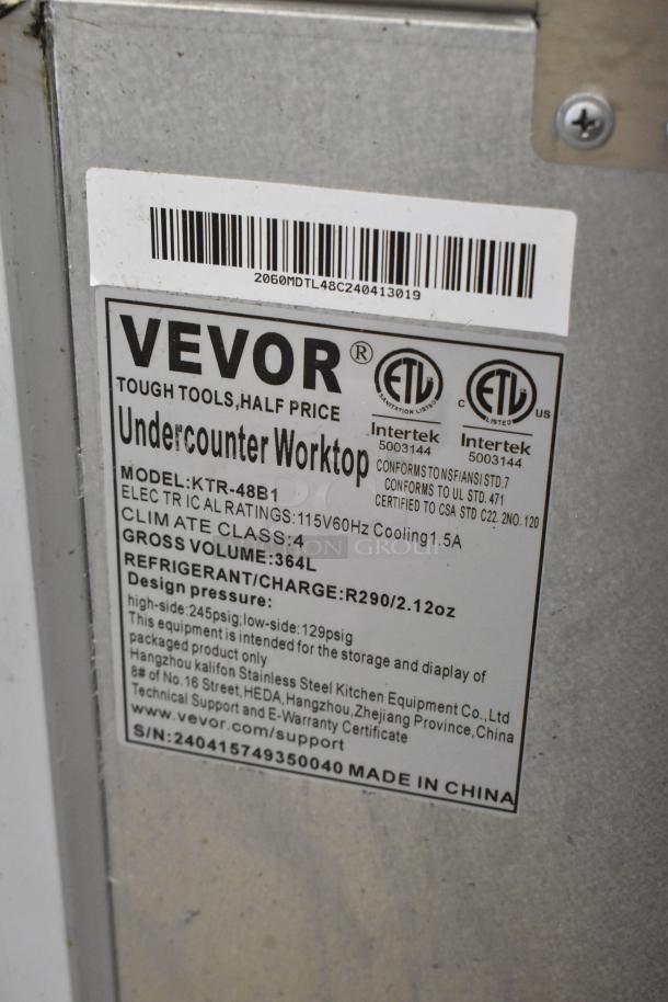 2024 Vevor KTR-48B1 Stainless Steel Undercounter Cooler. Model KTR-48B1 label shows 115V, 364L, R290 refrigerant. Made in China.