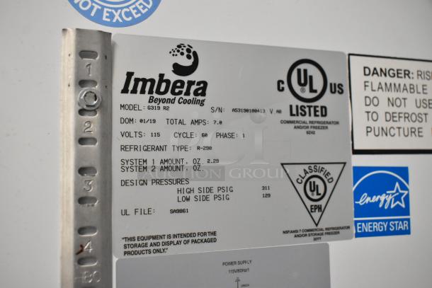 Imbera G319 metal commercial cooler label showing model, voltage, and refrigerant details. UL listed, Energy Star certified.