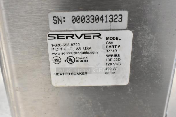 Server CW stainless steel utensil holder, model CW. 120V, 1 phase, 400W. Serial #: 00033041323. NSF and UL listed.