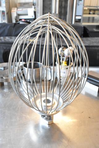 Metal whisk attachment for Hobart mixer, commercial use, excellent condition, stainless steel wires, robust design.