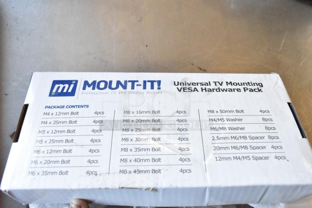 ALL ONE MONEY! Lot includes 3 metal legs, universal gas hose, and Mount-It! universal TV mounting hardware pack. Box shows contents list and is slightly worn.