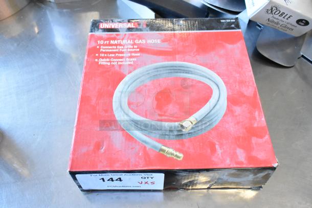 Universal 10 ft natural gas hose in box; features low pressure, connects grills to fuel source; quick-connect fittings not included.