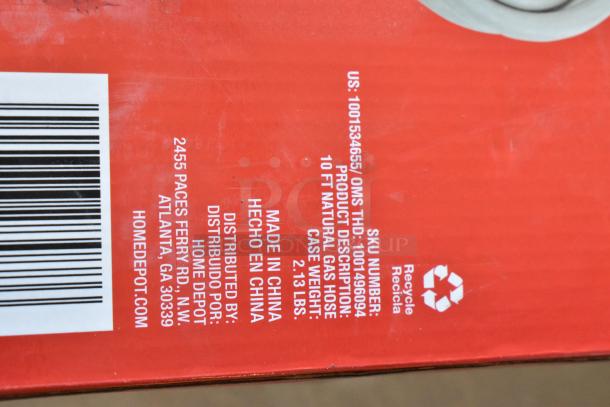 Lot includes 3 metal legs, universal gas hose, TV mounting hardware. Box label: 10 ft gas hose, 2.13 lbs, made in China.