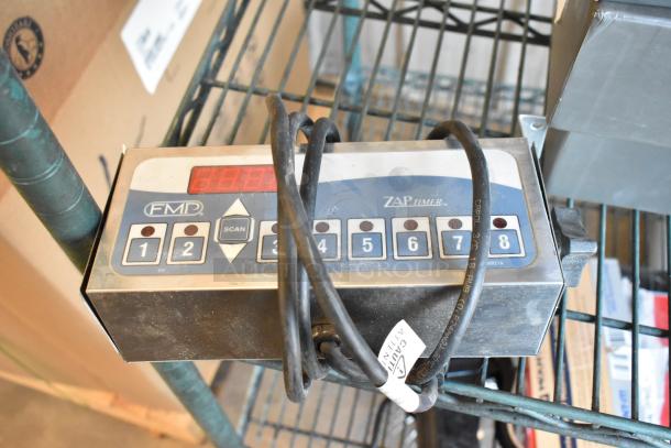FMP Zap Timer, 115 Volts, 1 Phase. Features numeric keypad, scan button. Dusty condition, power cable attached.