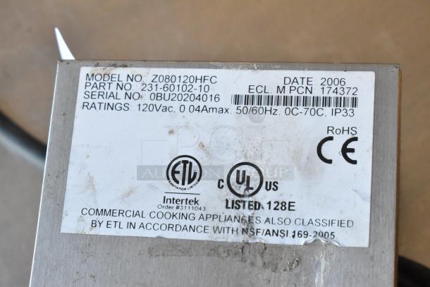 FMP Zap Timer. Model Z080120HFC. 115V, 1 Phase. ETL and UL listed. Serial OBU20204016. RoHS, CE marked. Commercial use.