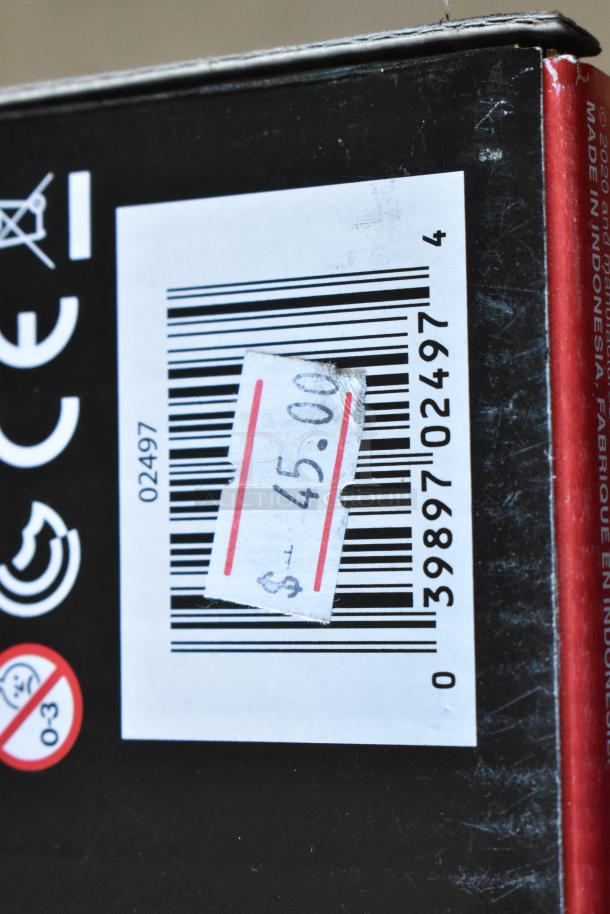 Barcode and price tag showing $45 on a black and red box. Visible markings indicate the item is made in Indonesia.