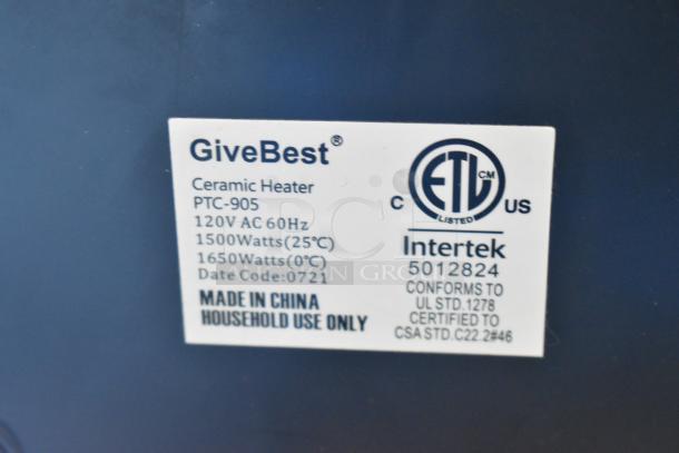 GiveBest PTC-905 ceramic heater label, 120V AC, 60Hz, 1500/1650W. Listed by Intertek, made in China for household use.