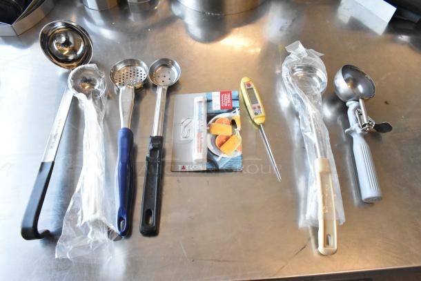 Lot of various utensils including spoodles, scoops, ladles, and thermometers. Features stainless steel and plastic handles. Good condition.