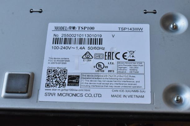 Star TSP100 receipt printer label, model TSP143IIIW, energy star rating, FCC compliance, made in Vietnam.