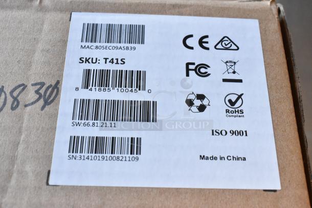 Cardboard box with labels including barcodes, CE, FCC, RoHS marks, and "Made in China." Identifies SKU: T41S, and ISO 9001 compliant.