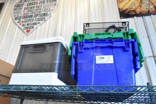 Lot of assorted items in 3 poly bins, green and blue colors. Includes contents. Label reads "150 QTY w/contents."
