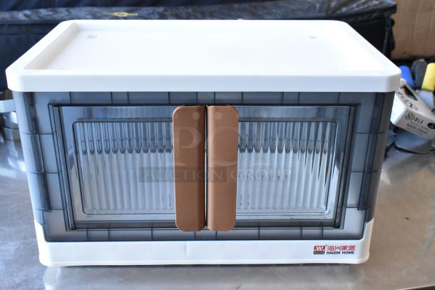 Poly bin by Haixin Home with transparent front panel and brown handles, used condition, part of a lot including 3 bins.