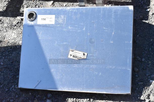 Two metal wall mount shelves, 48x12x12, slightly scratched. Includes caution label warning "Avoid Sharp Edges."
