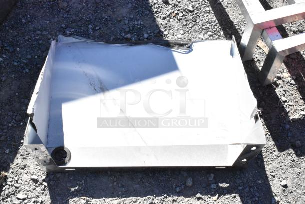 Metal wall mount shelf, 48x12x12 inches, white, slightly dented edges, visible mounting holes. Includes two shelves.
