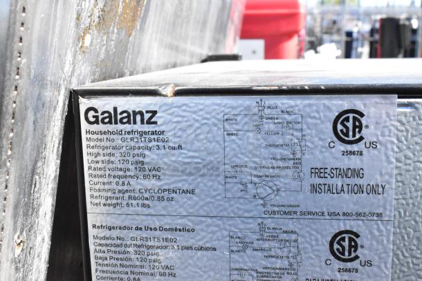 Galanz GLR31TS1E02 Mini Cooler, 3.1 cu. ft., 115V, features freezer, diagram label visible, good condition.